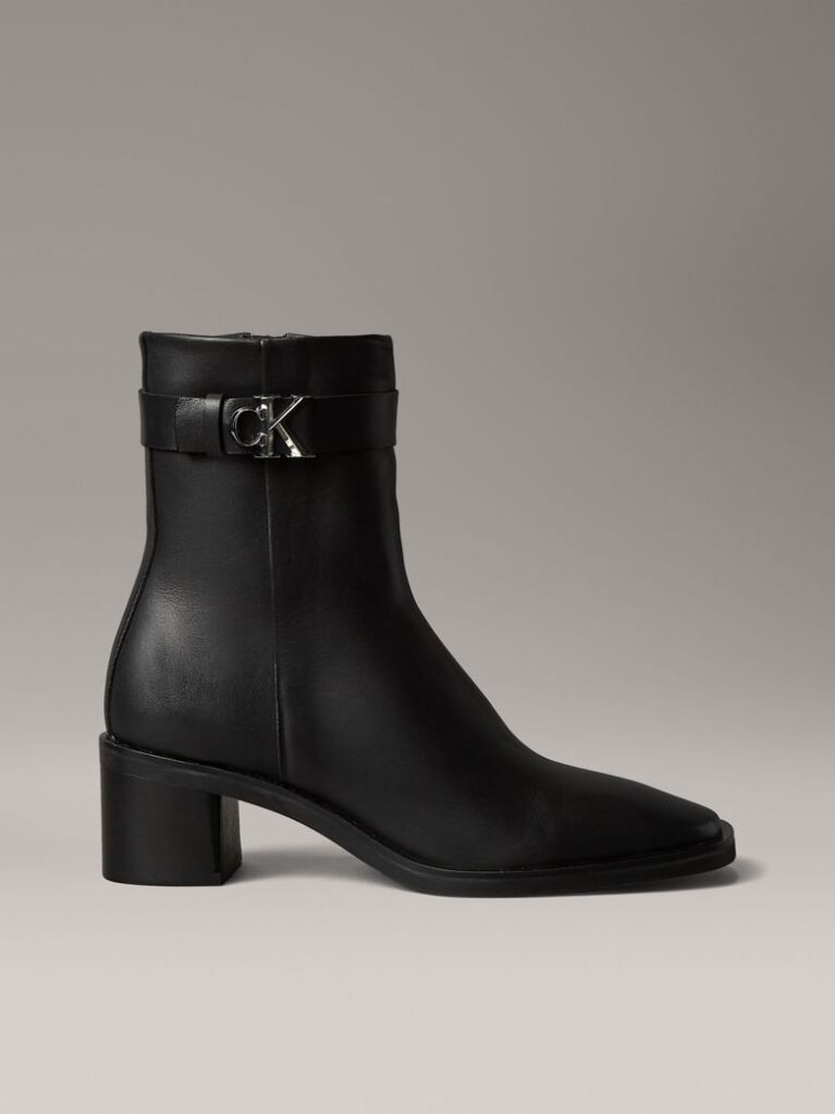 Black Leather Square Toe Zip Ankle Boots  Women