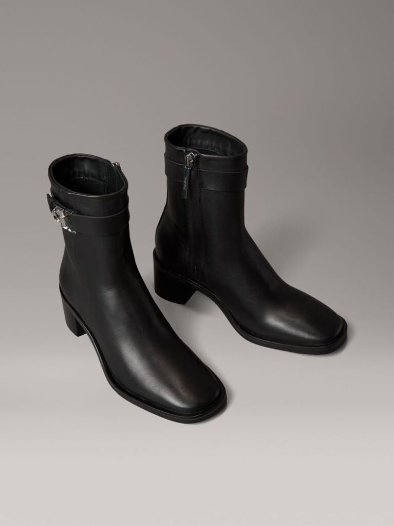 Black Leather Square Toe Zip Ankle Boots  Women