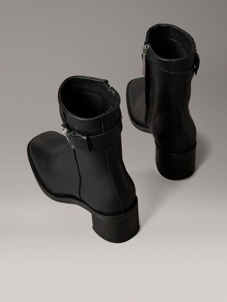 Black Leather Square Toe Zip Ankle Boots  Women