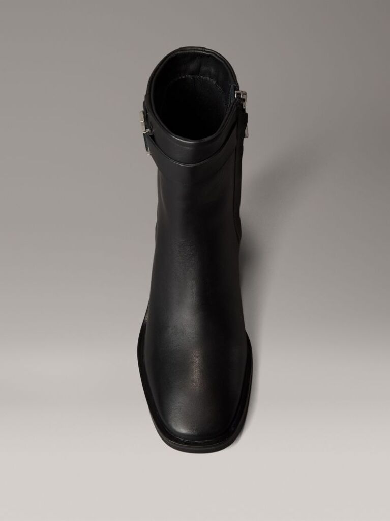 Black Leather Square Toe Zip Ankle Boots  Women