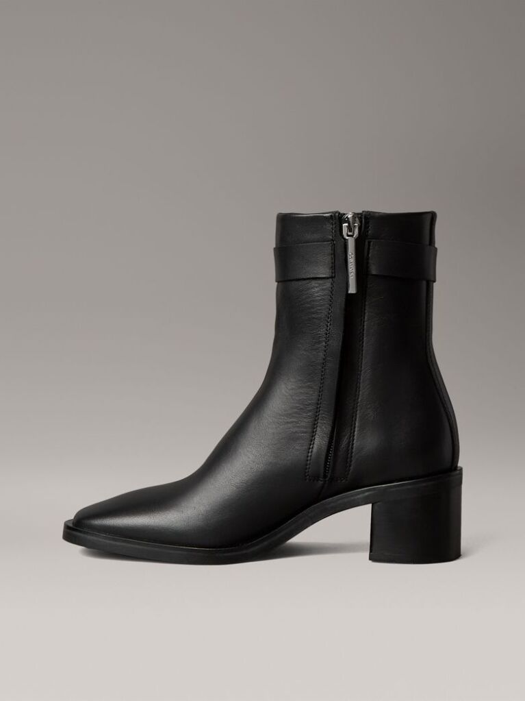 Black Leather Square Toe Zip Ankle Boots  Women
