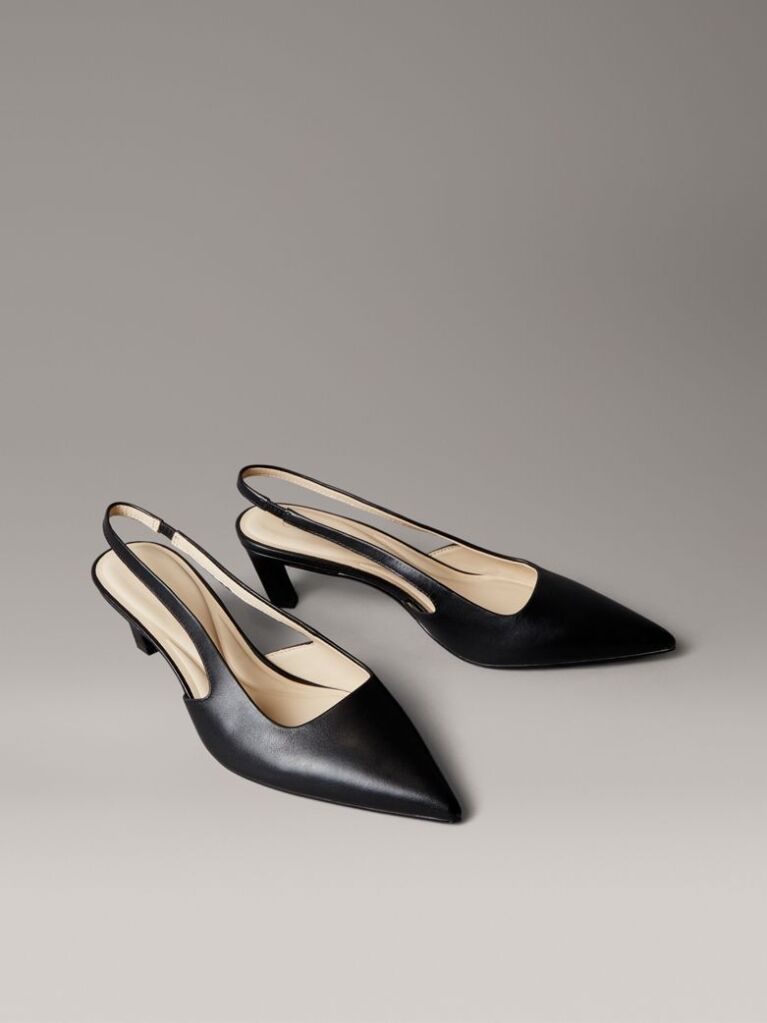 Black Leather Kitten Slingback Pumps  Women
