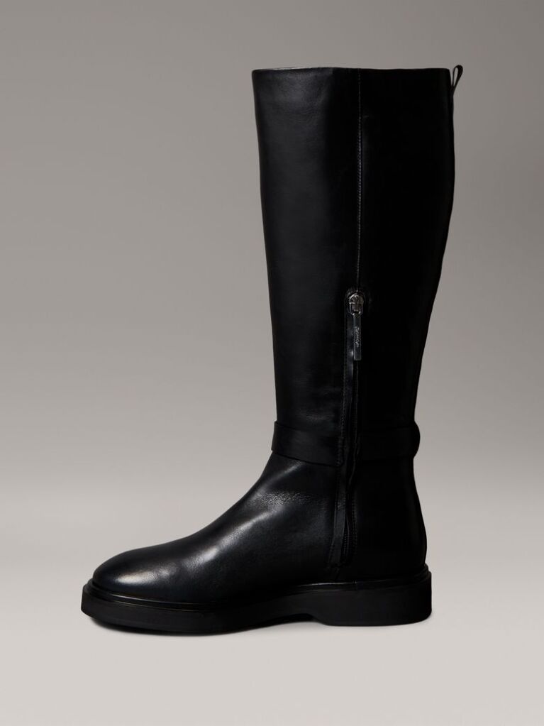 Black Leather Signature Logo Knee Boots  Women
