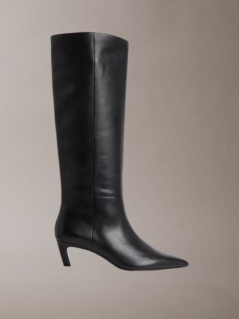 Black Leather Kitten Heel Tall Zip Boots  Women