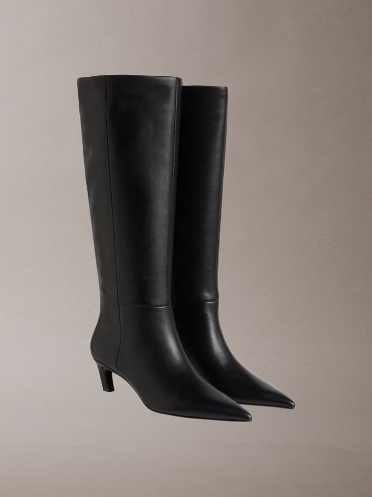 Black Leather Kitten Heel Tall Zip Boots  Women