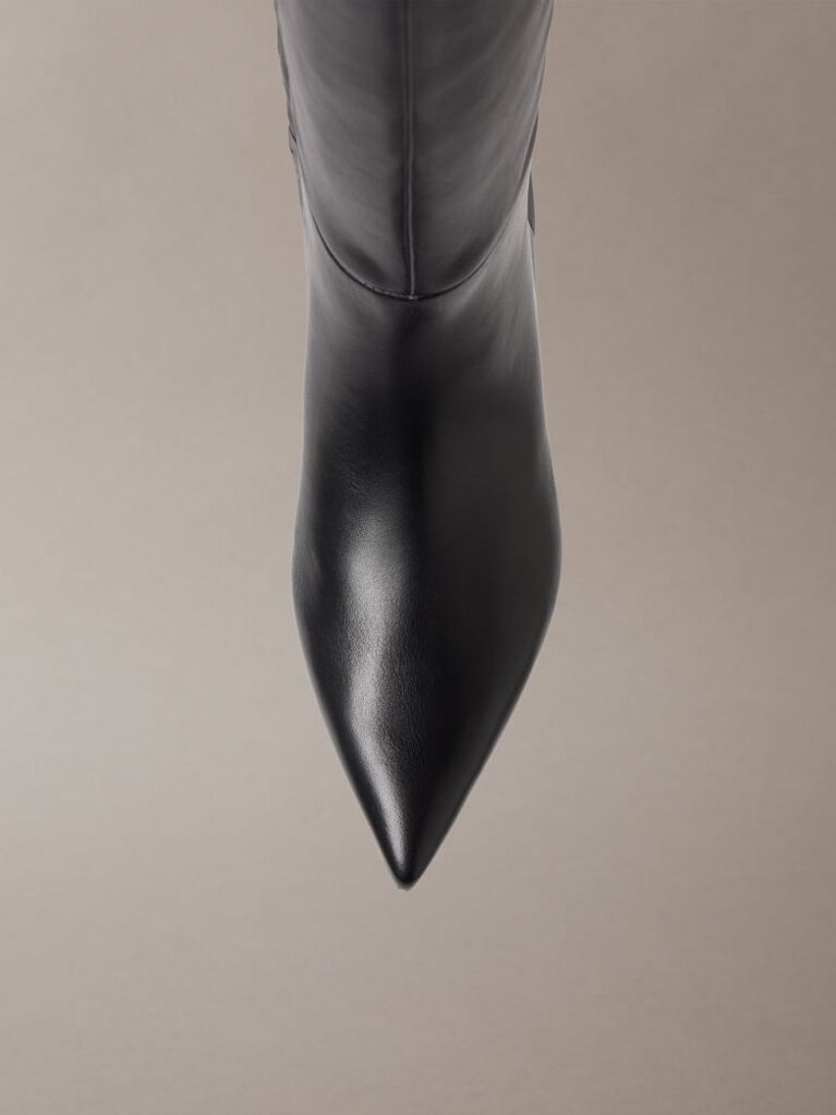 Black Leather Kitten Heel Tall Zip Boots  Women