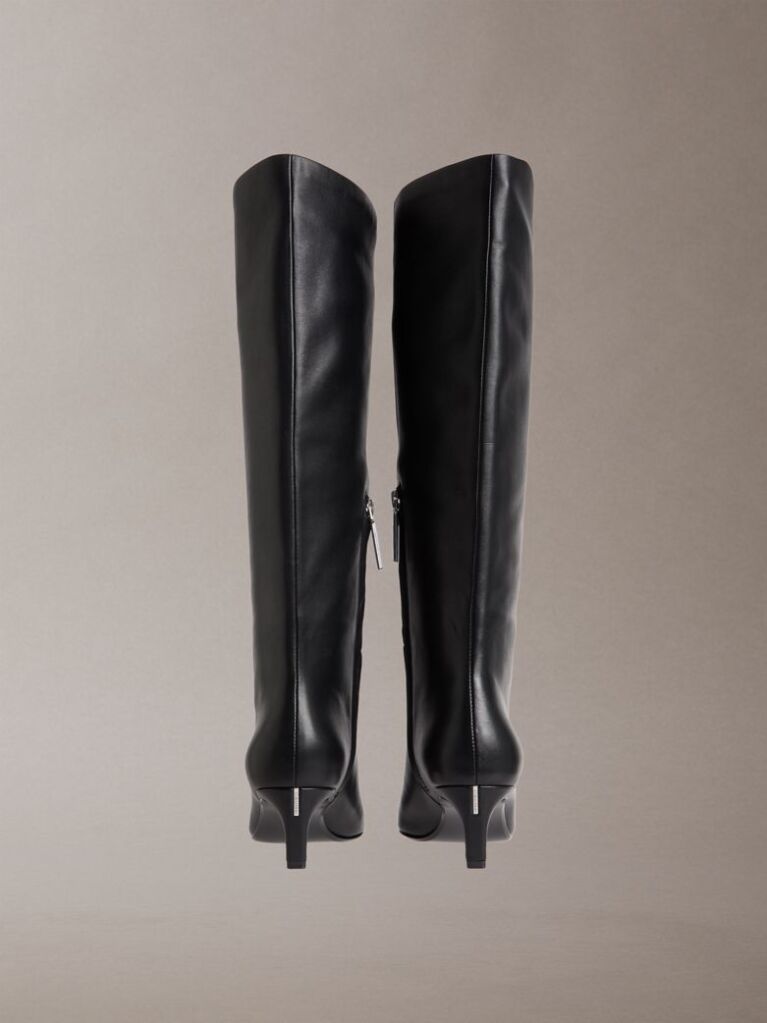 Black Leather Kitten Heel Tall Zip Boots  Women