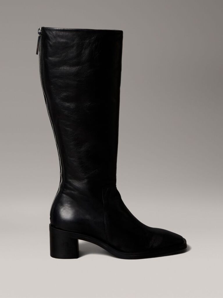 Black Leather Square Toe Zip Knee Boots  Women
