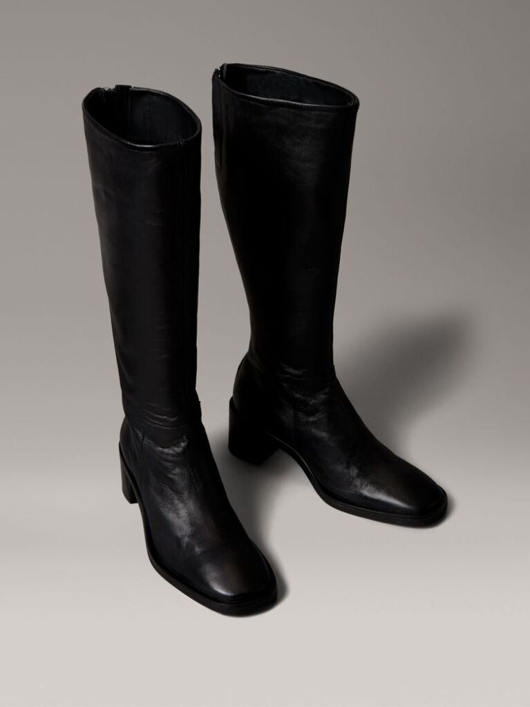 Black Leather Square Toe Zip Knee Boots  Women