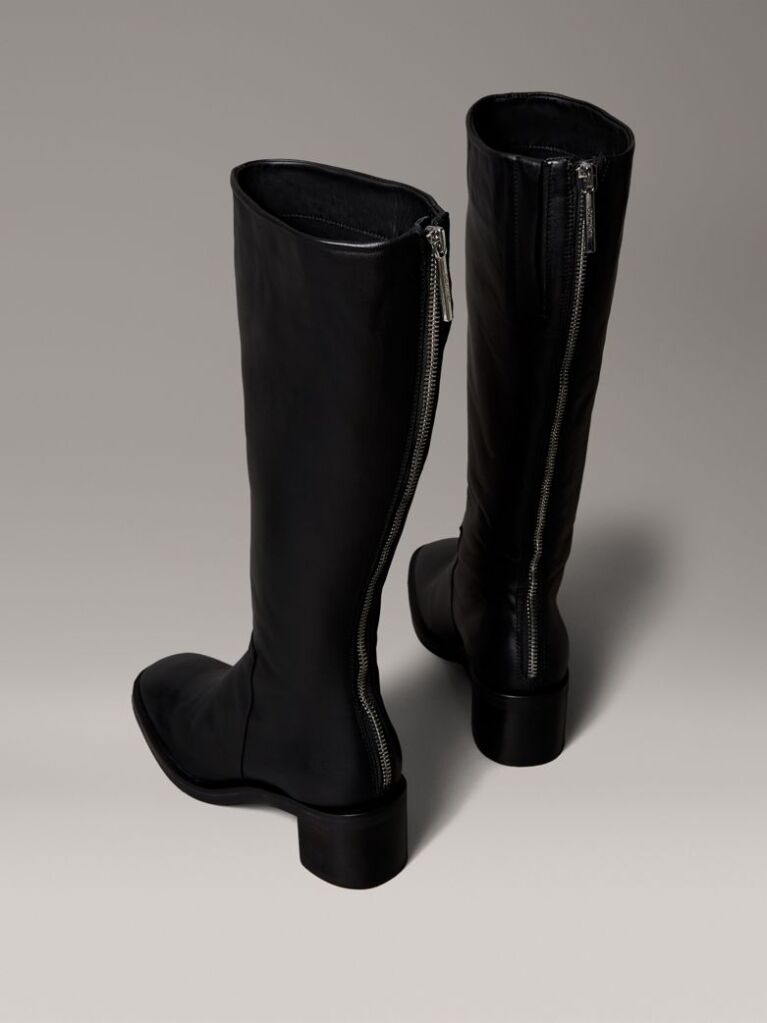 Black Leather Square Toe Zip Knee Boots  Women