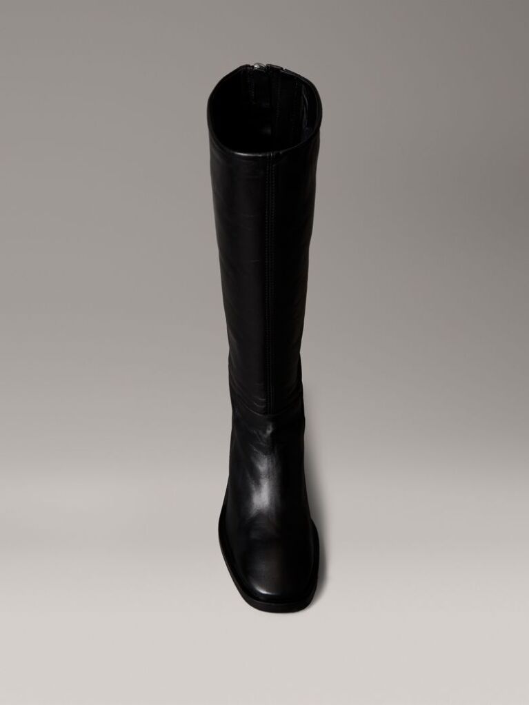 Black Leather Square Toe Zip Knee Boots  Women