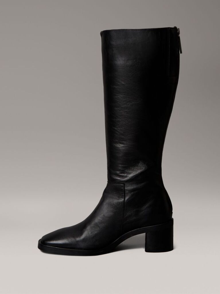 Black Leather Square Toe Zip Knee Boots  Women