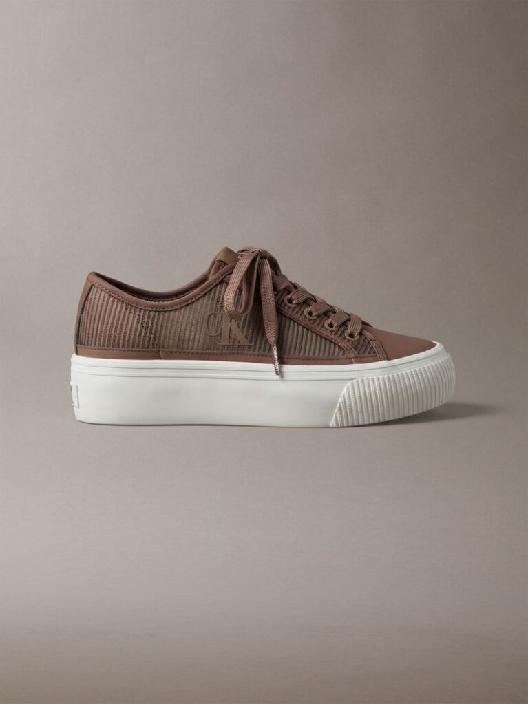 Brown Flat Lace-Up Striped Nylon Sneakers  Women