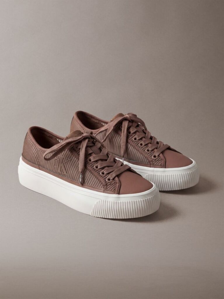 Brown Flat Lace-Up Striped Nylon Sneakers  Women
