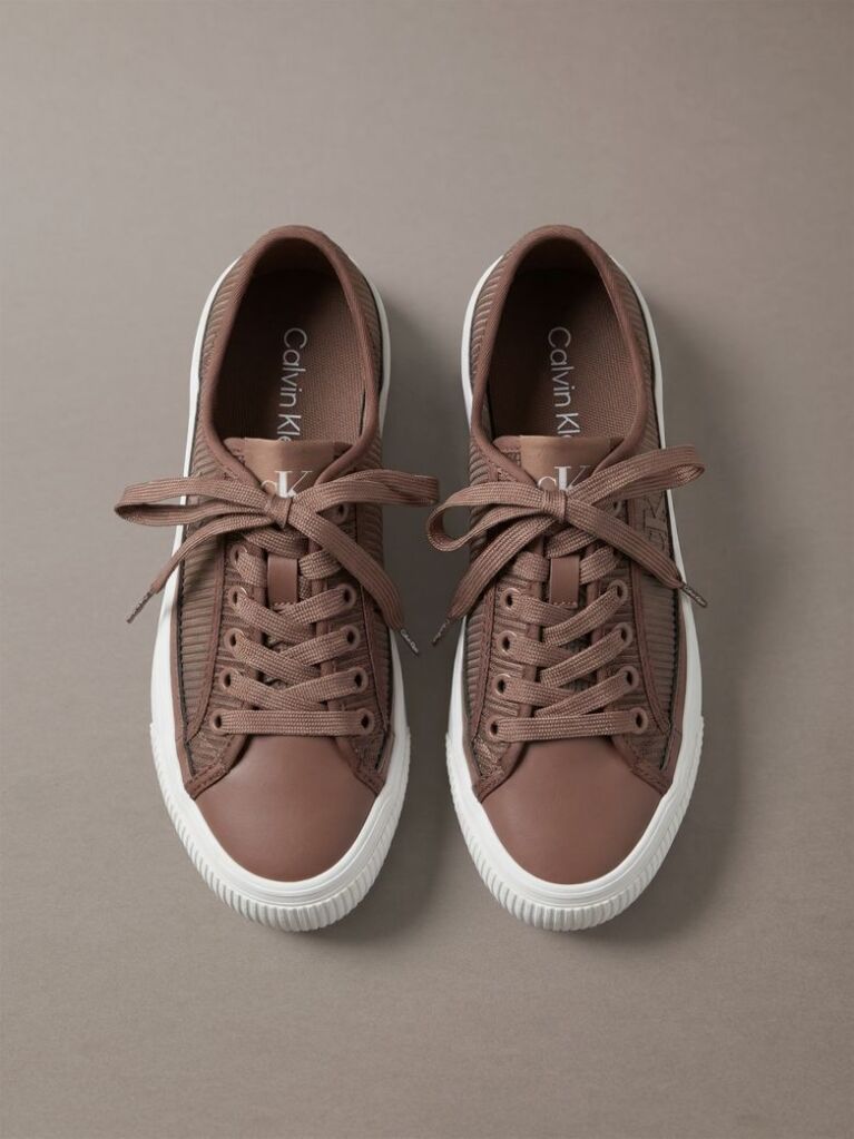 Brown Flat Lace-Up Striped Nylon Sneakers  Women