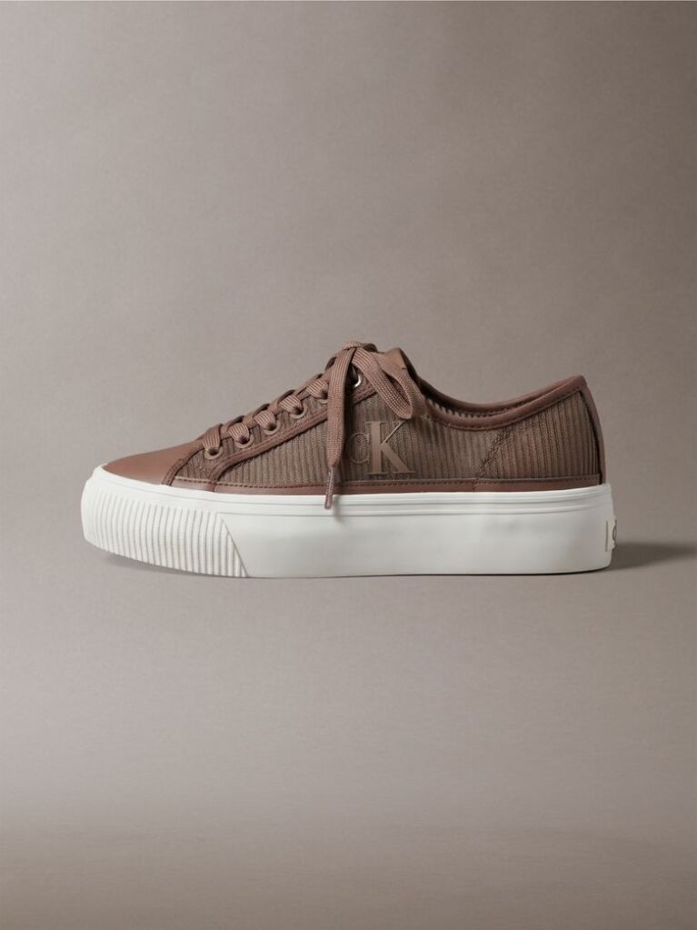 Brown Flat Lace-Up Striped Nylon Sneakers  Women