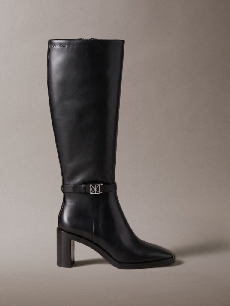 Black Leather Block-Heel Knee Boots  Women