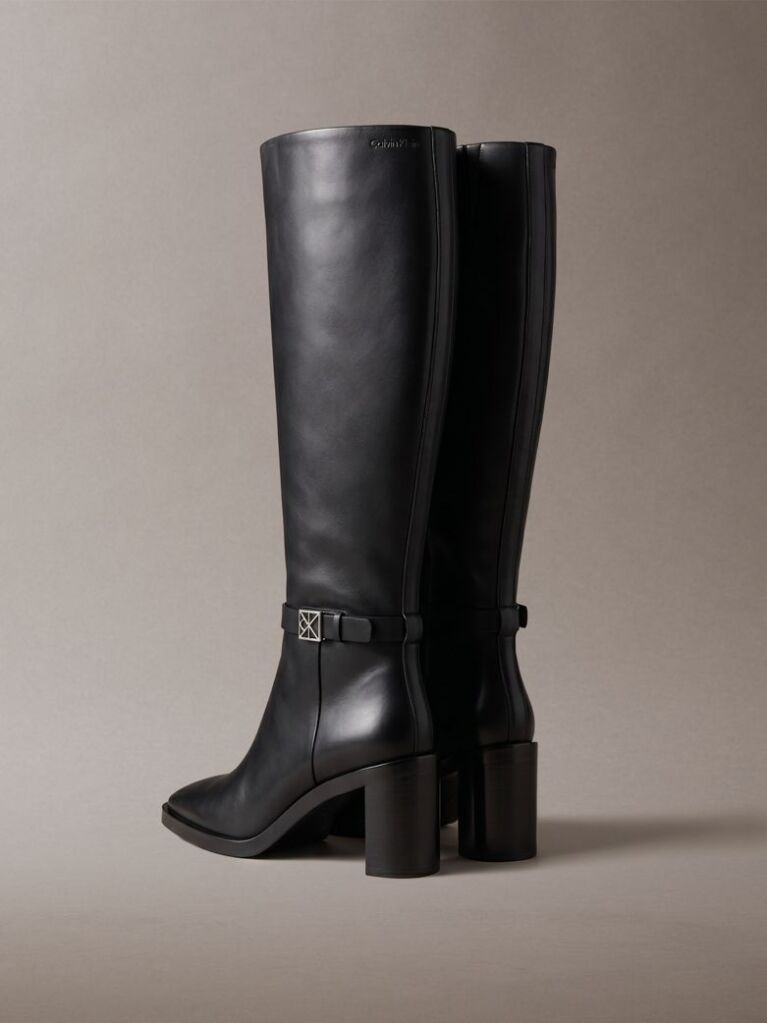 Black Leather Block-Heel Knee Boots  Women