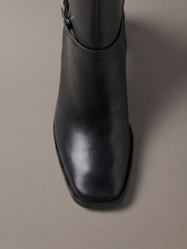 Black Leather Block-Heel Knee Boots  Women