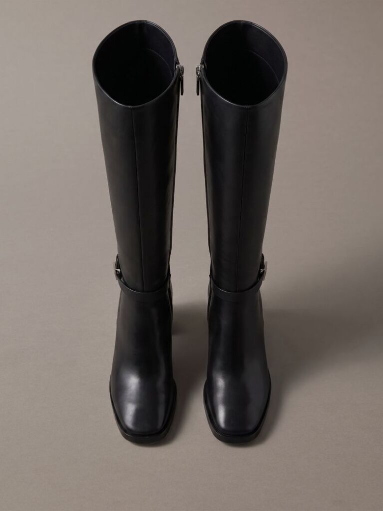 Black Leather Block-Heel Knee Boots  Women