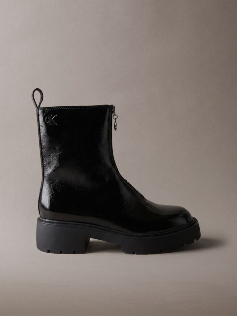 Black CK Bold - Shine Leather Zip Ankle Boots  Women