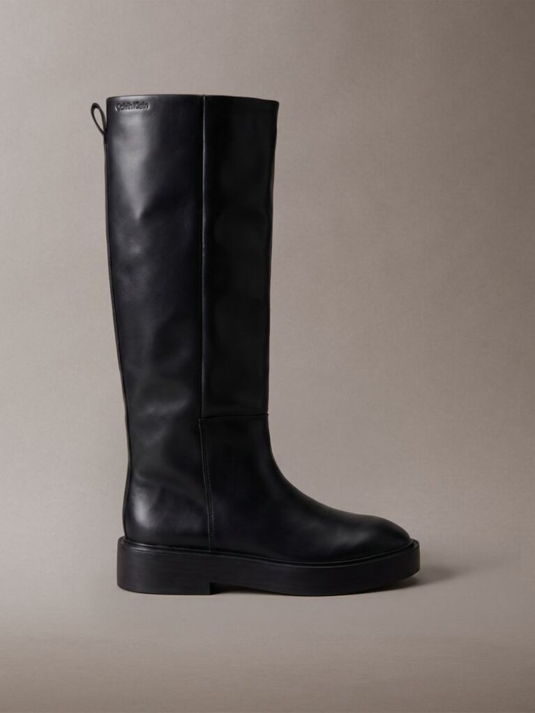 Black Leather Stacked Heel Knee-High Boots  Women