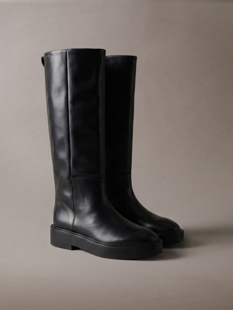 Black Leather Stacked Heel Knee-High Boots  Women
