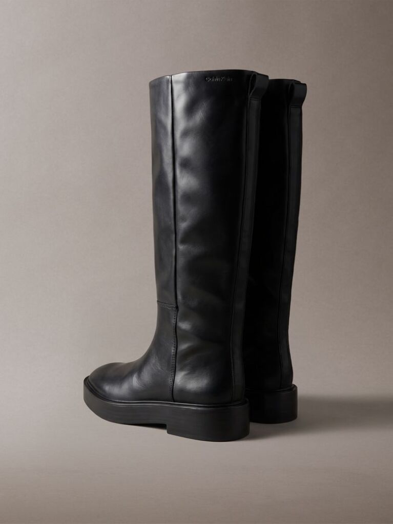 Black Leather Stacked Heel Knee-High Boots  Women