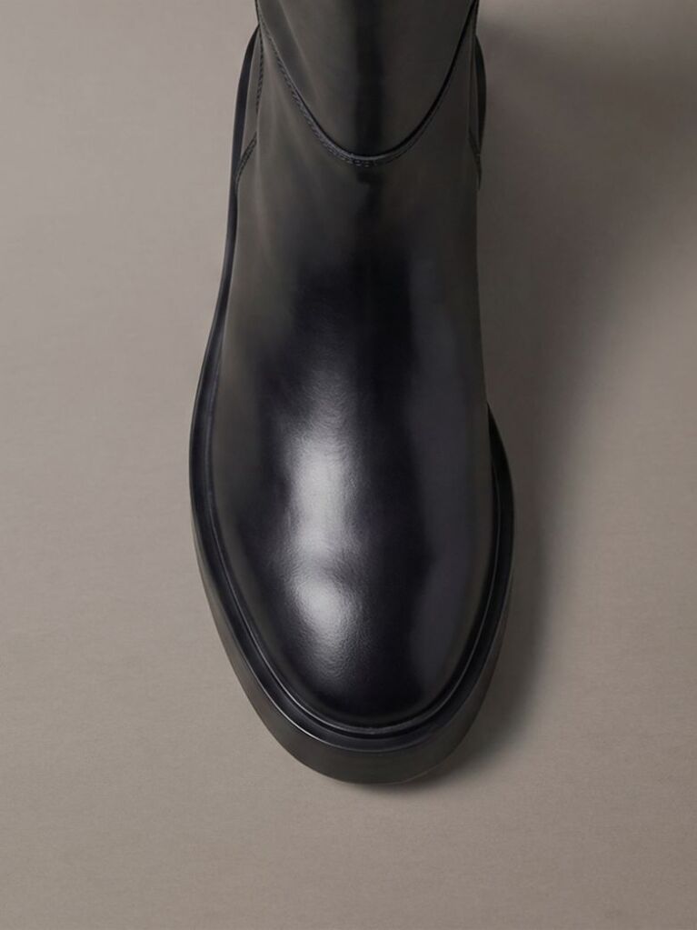 Black Leather Stacked Heel Knee-High Boots  Women