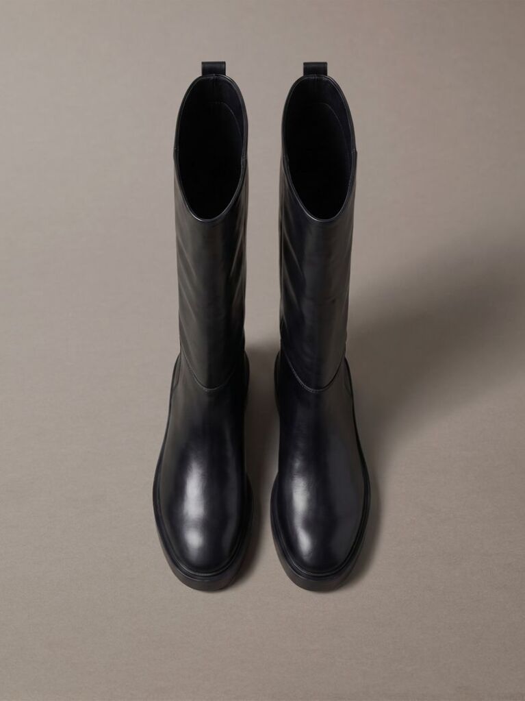 Black Leather Stacked Heel Knee-High Boots  Women