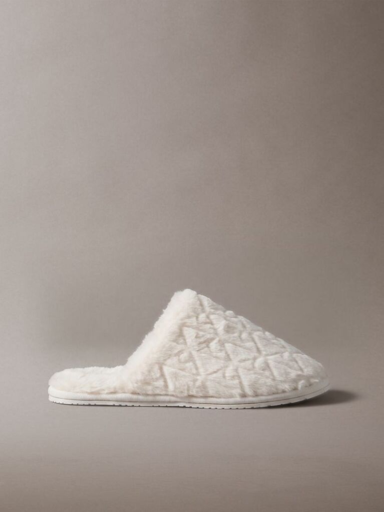 White Faux Fur Logo Slippers  Women