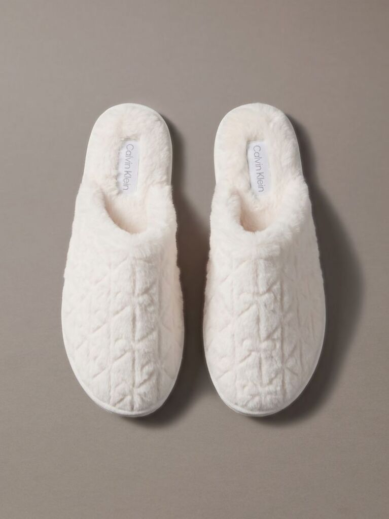 White Faux Fur Logo Slippers  Women
