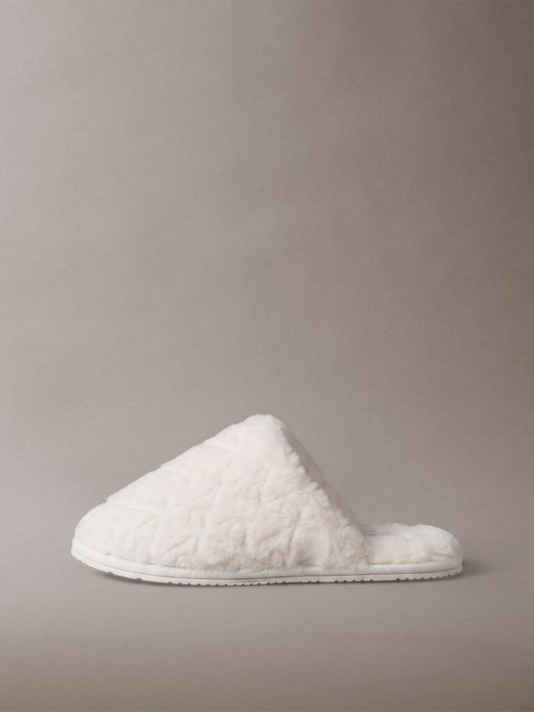 White Faux Fur Logo Slippers  Women