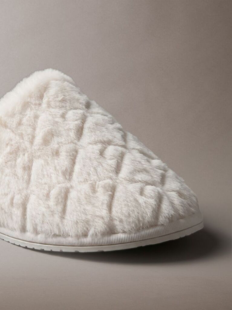 White Faux Fur Logo Slippers  Women