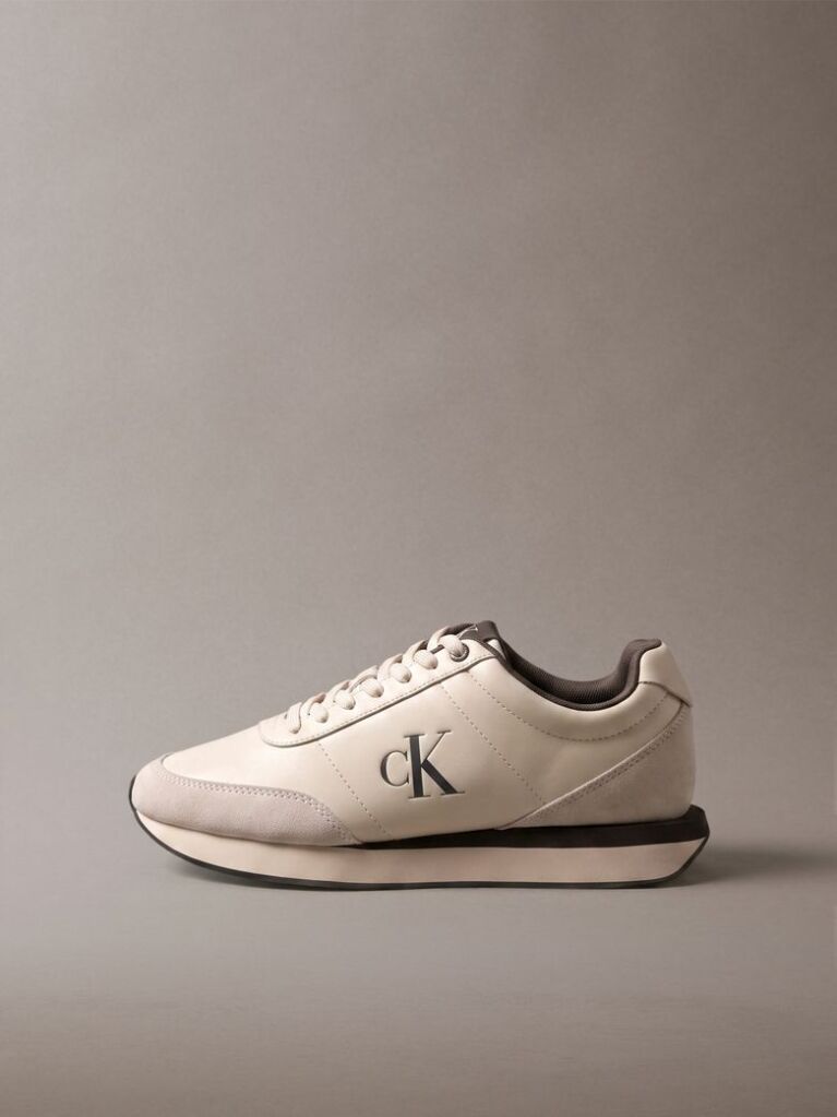 Beige Leather Signature Logo Runner Sneakers  Women