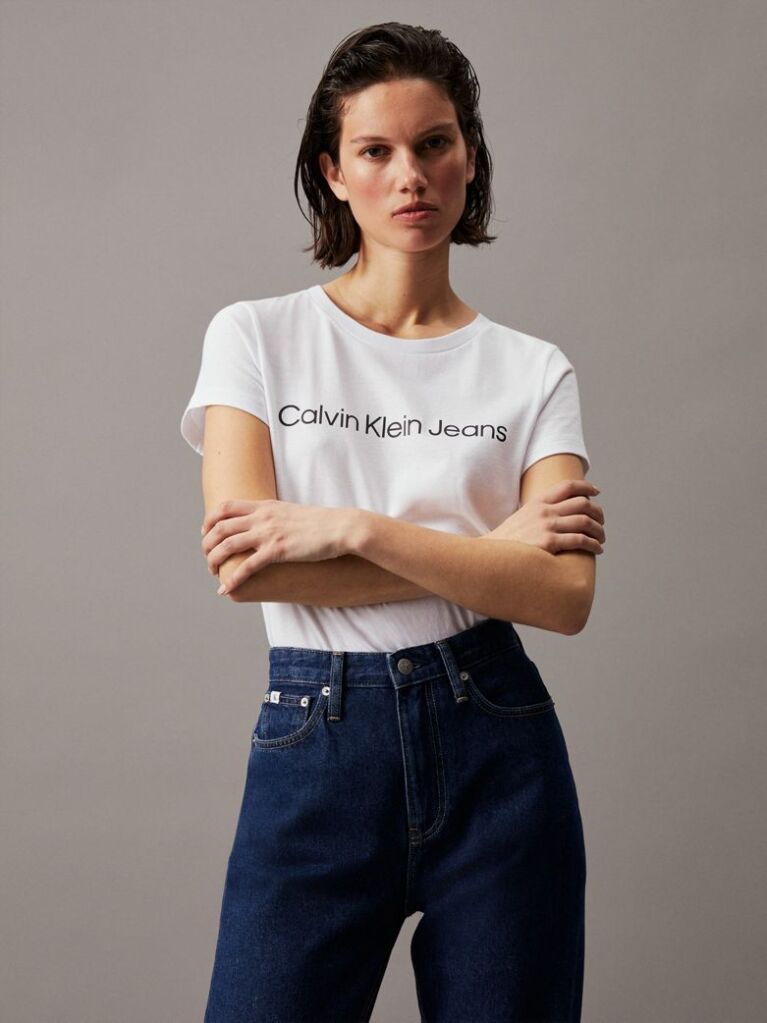 Λευκό Slim T-Shirt Από Οργανικό Βαμβάκι Με Λογότυπο  Γυναίκα