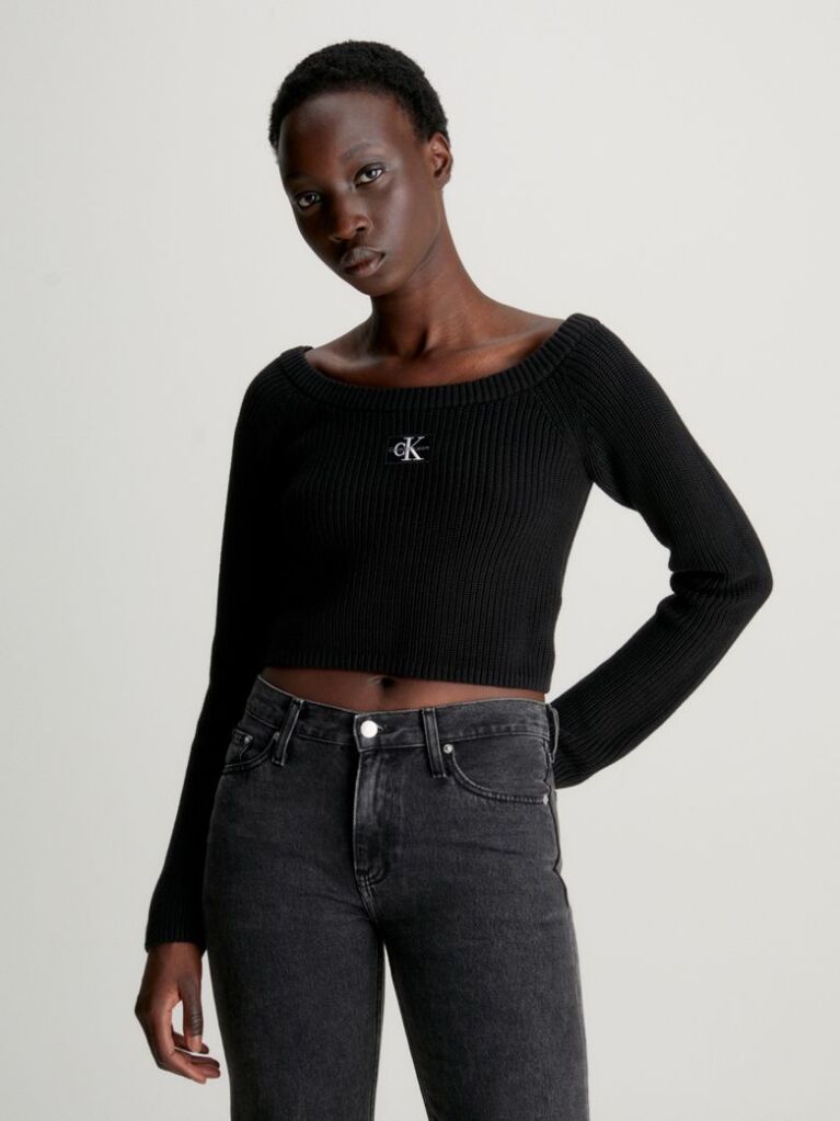 Black Cropped Ribbed Cotton Jumper  Women