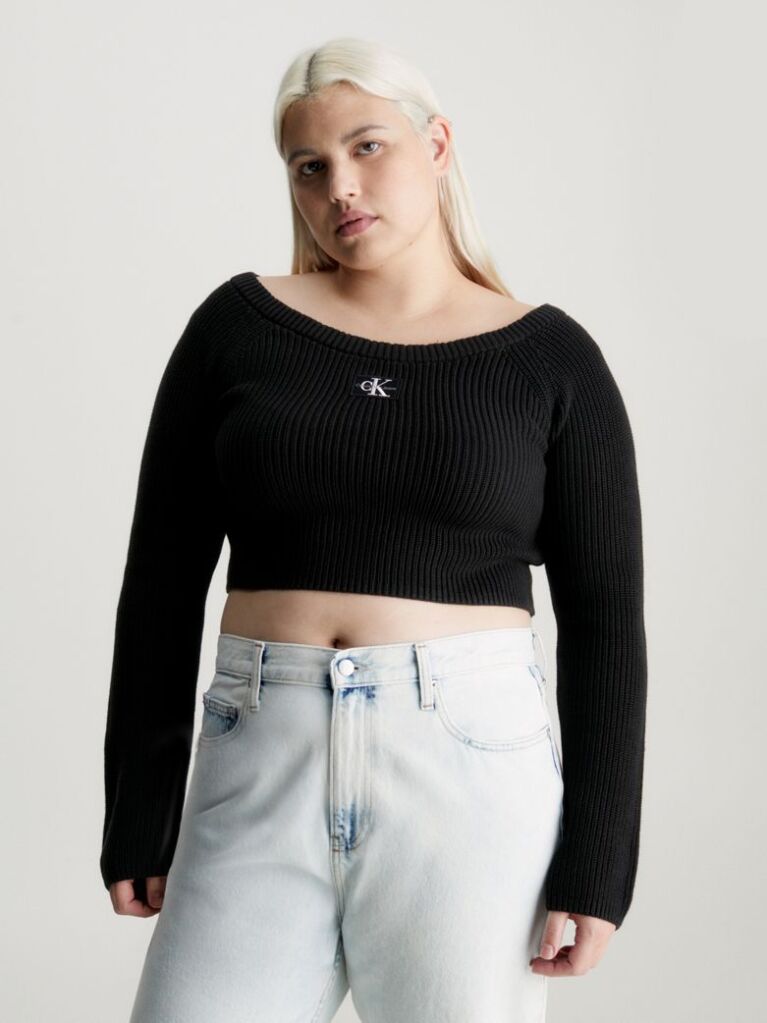 Black Cropped Ribbed Cotton Jumper  Women