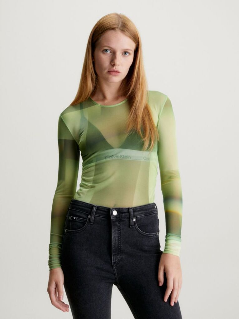 Green Printed Mesh Long Sleeve Top  Women