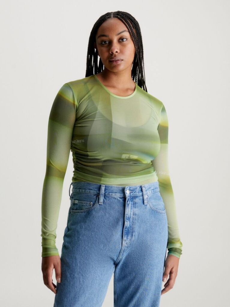 Green Printed Mesh Long Sleeve Top  Women