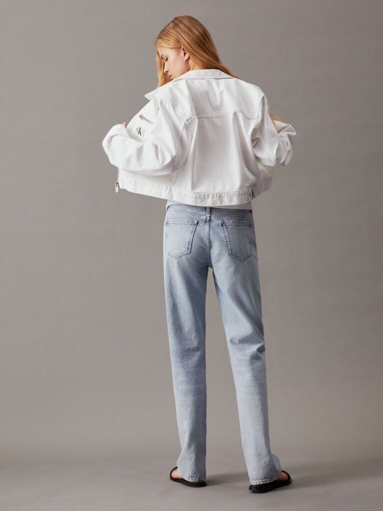 Λευκό Cropped Denim Τζάκετ Με Φερμουάρ  Γυναίκα