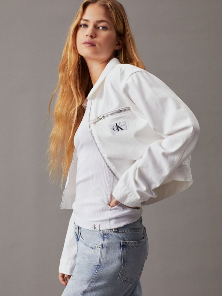 Λευκό Cropped Denim Τζάκετ Με Φερμουάρ  Γυναίκα