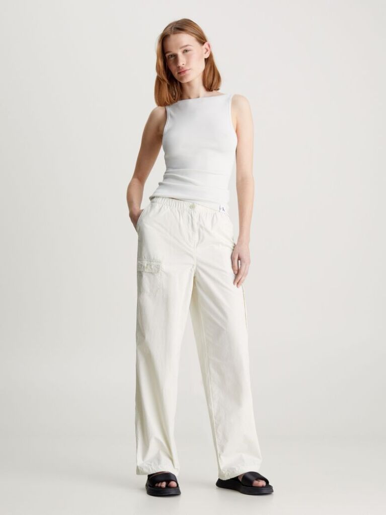 White Cotton Straight Cargo Pants  Women