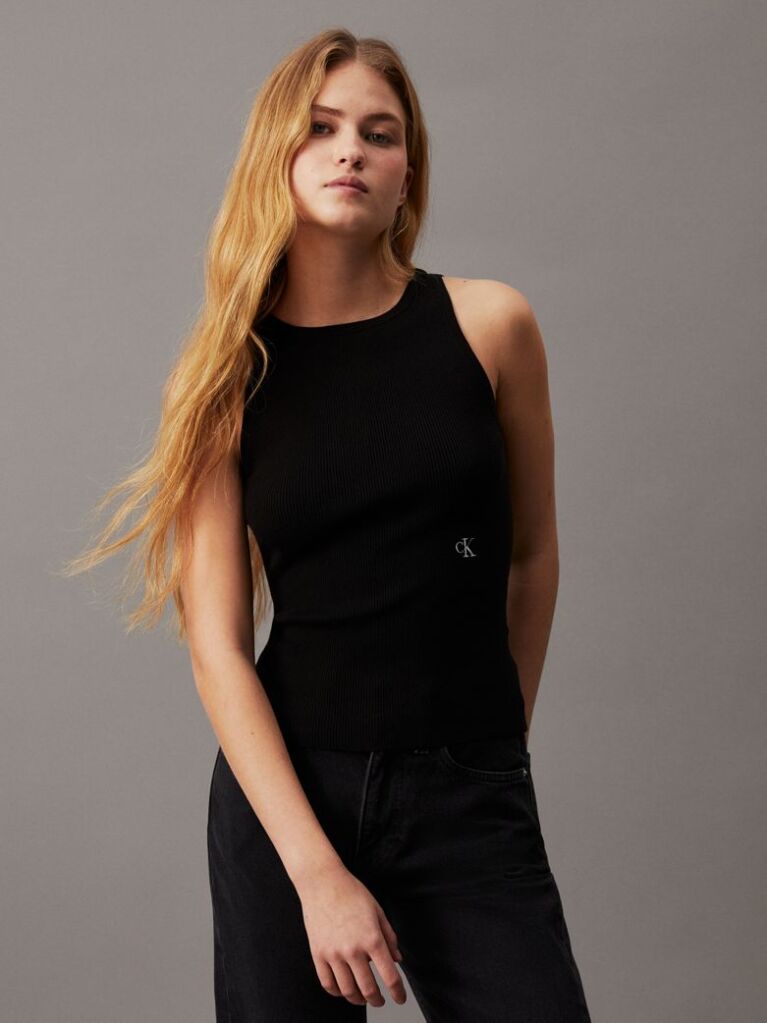 Black Slim Ribbed Tie Back Top  Women