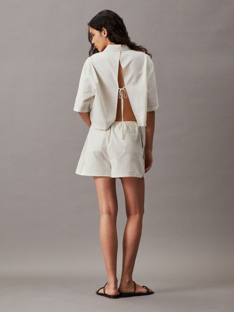 White Cotton Seersucker Shorts  Women