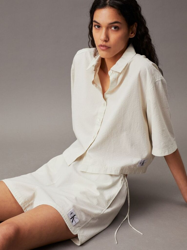 White Cotton Seersucker Shorts  Women