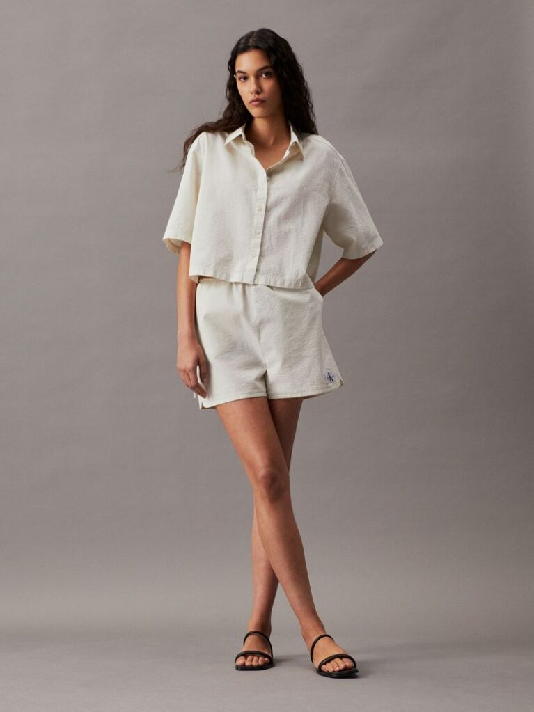 White Cotton Seersucker Shorts  Women