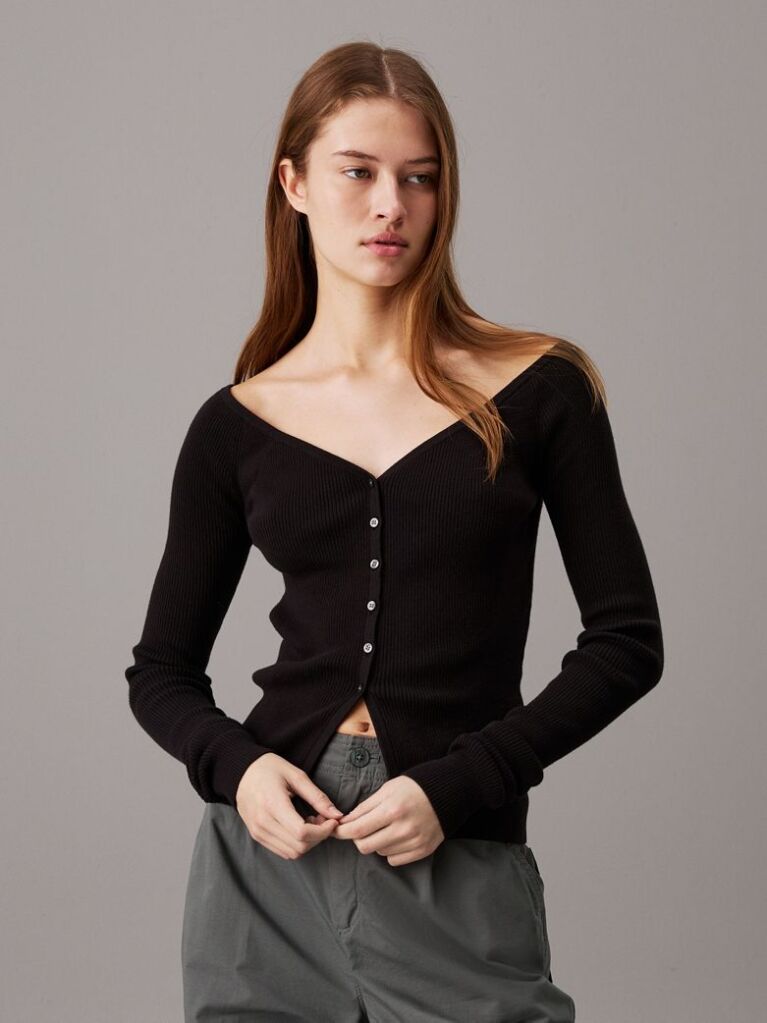 Black Slim Ribbed Cotton Cardigan  Women