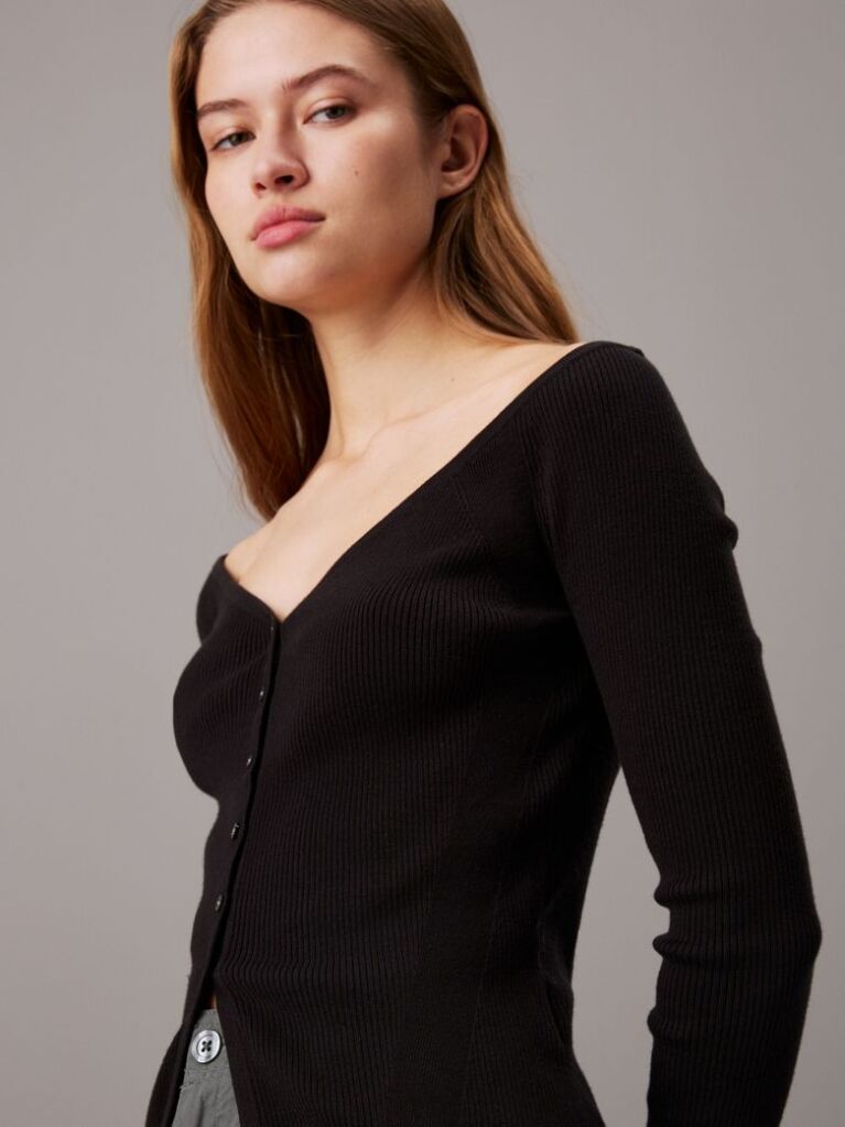 Black Slim Ribbed Cotton Cardigan  Women