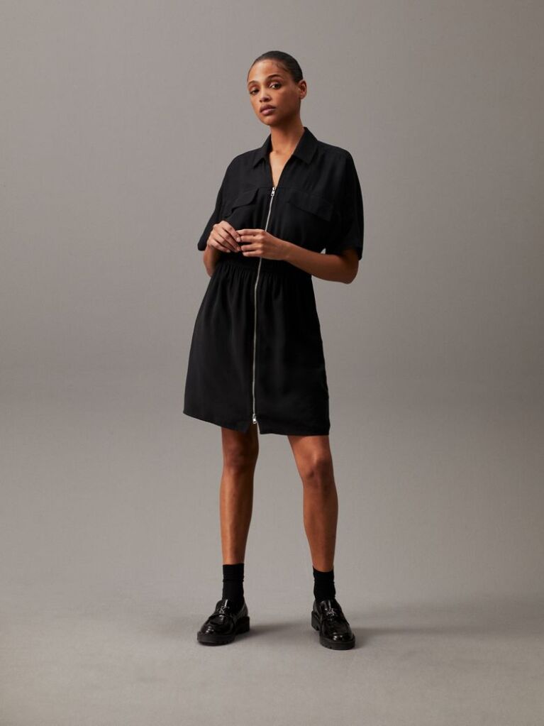 Black Soft Twill Zip-Through Dress  Women